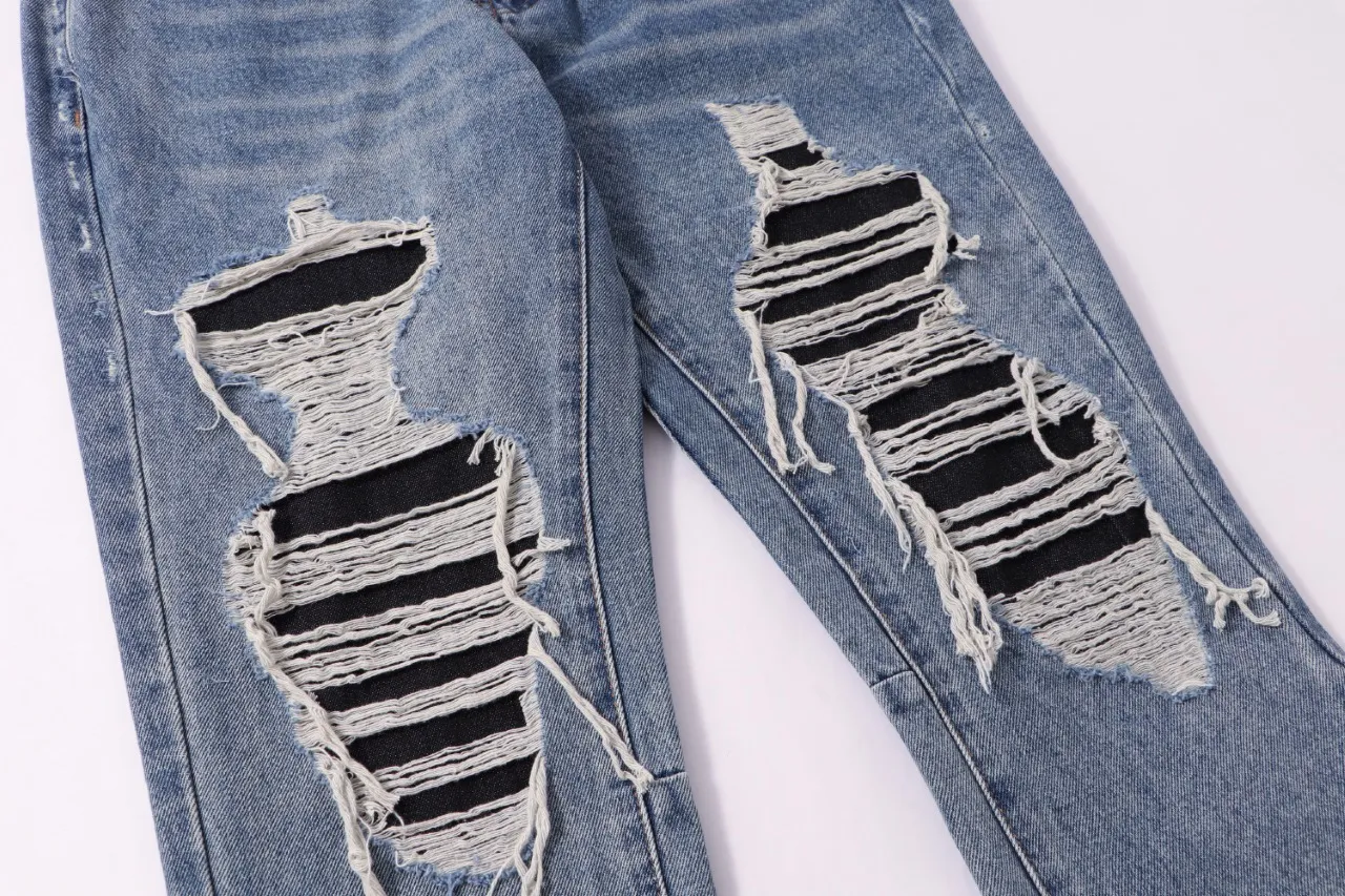 670#Gallery Dept New style ripped patch tassel blue washed jeans bootcut trousers high street trendy pants casual versatile trousers washed blue S~XL P260